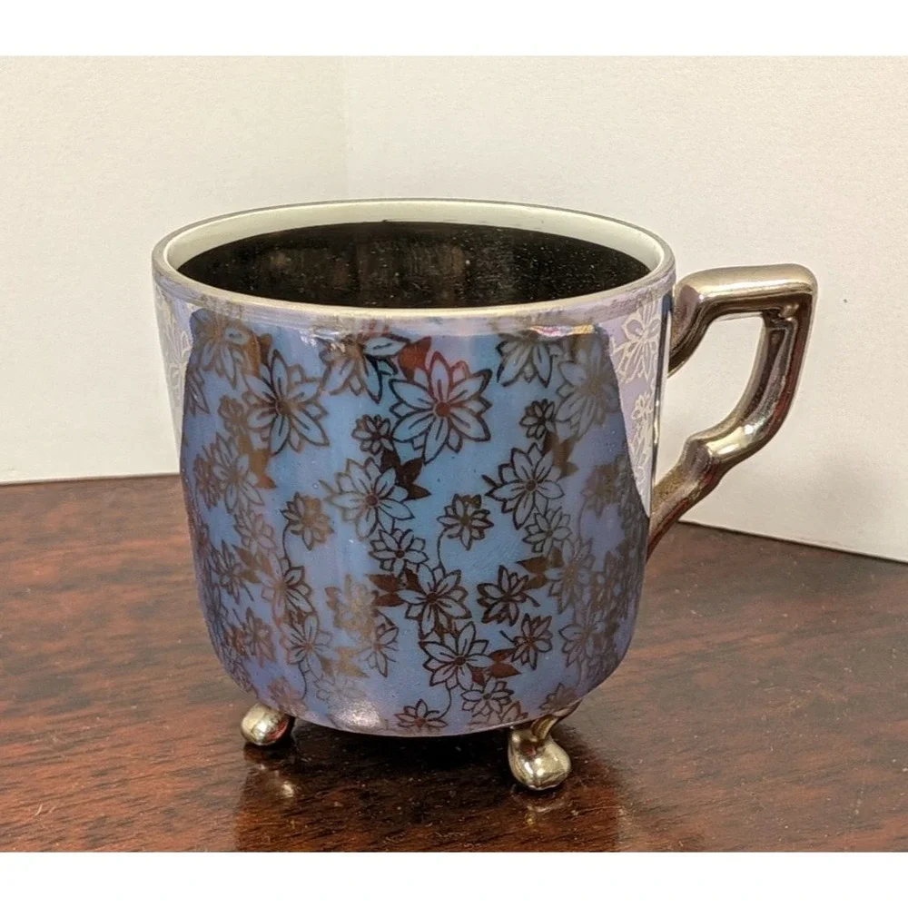 Vintage Mercator Bavaria Germany Footed Teacup Saucer Blue Floral Silver Luster
